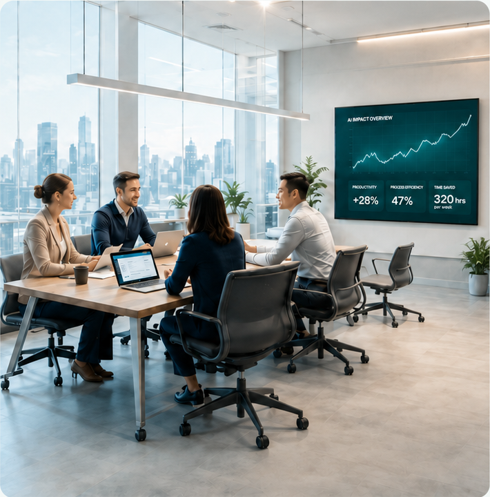 Team workshop with AI impact dashboard